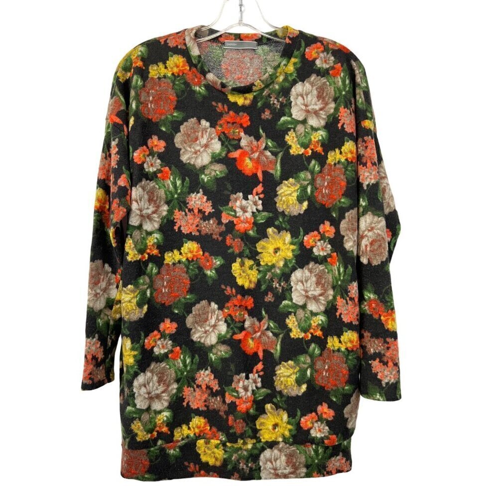 Cherish Womens Crew Neck Long Sleeve Tunic Sweater Black/Multi Floral S Pockets